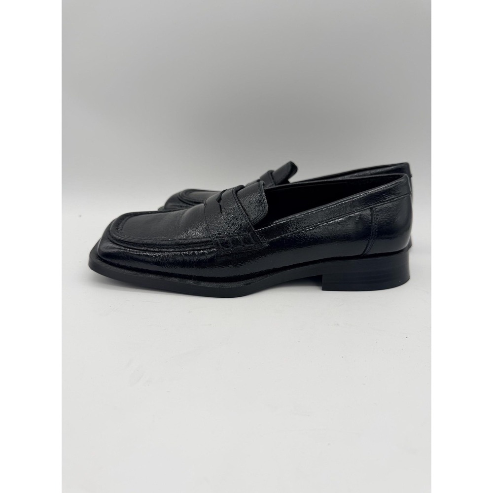MNG Shoes Womens Size 7.5 Black Leather Loafers Square Toe Slip On Flats